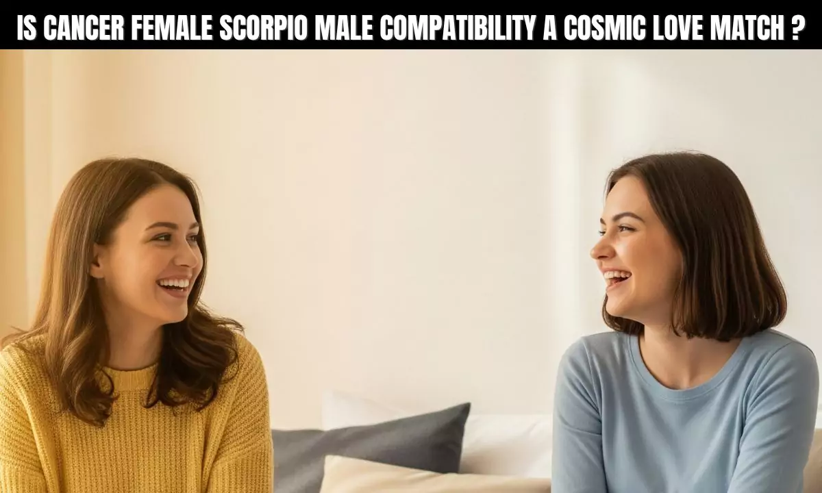Illustration of Cancer female Scorpio male compatibility with zodiac symbols