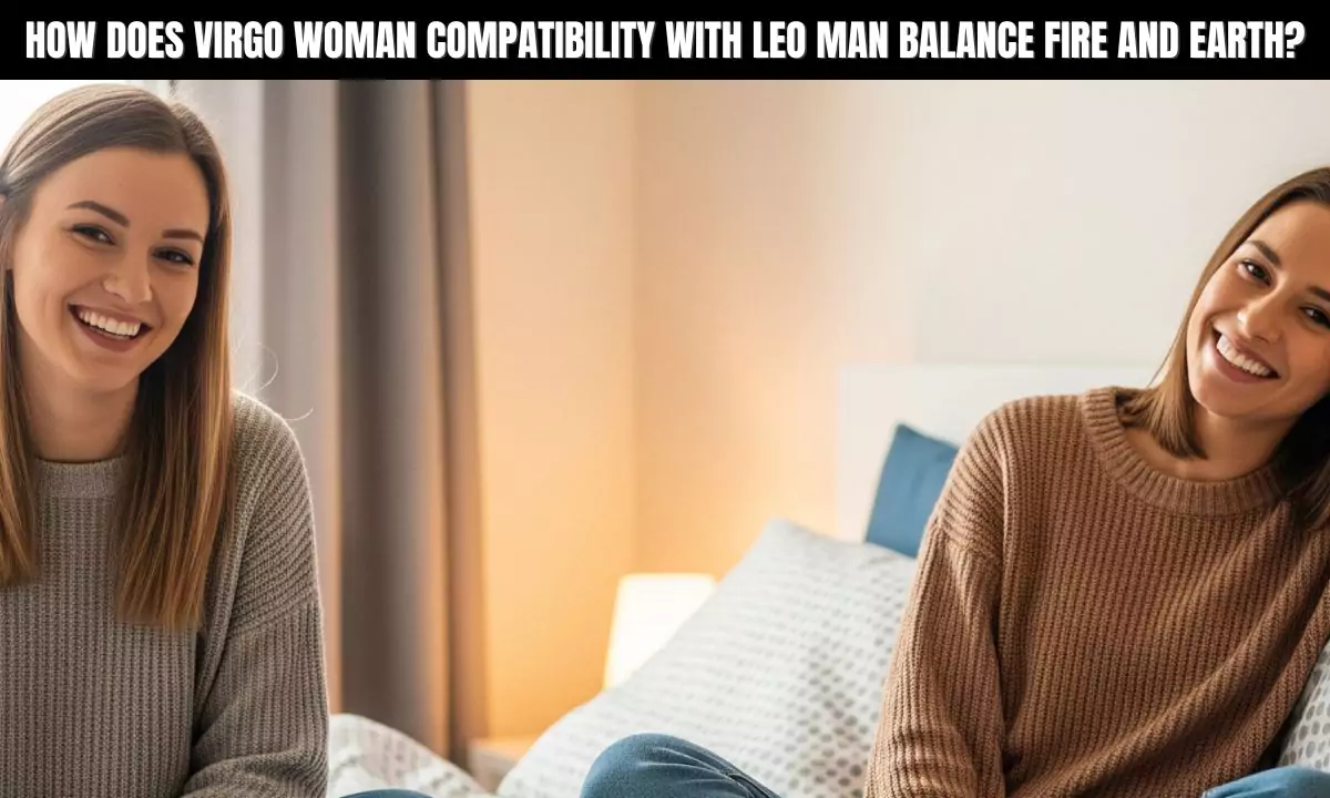 Illustration of virgo woman compatibility with leo man featuring zodiac symbols