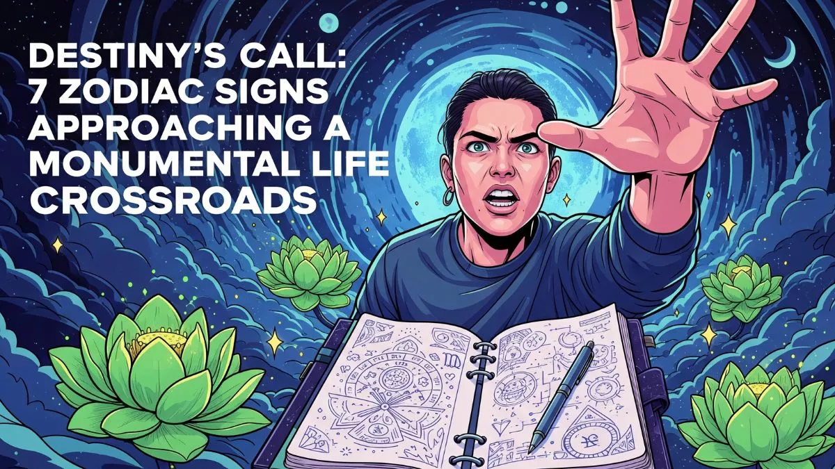 Seven zodiac signs at cosmic crossroads with destiny paths diverging