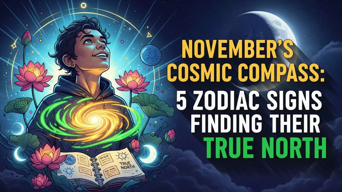 Cosmic compass pointing to 5 zodiac true north signs in November sky